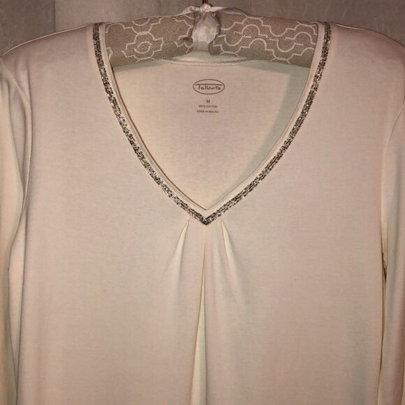 Talbots M Cotton Ivory Pullover Long Sleeve Top Embellished Around V-Neck - Picture 3 of 10